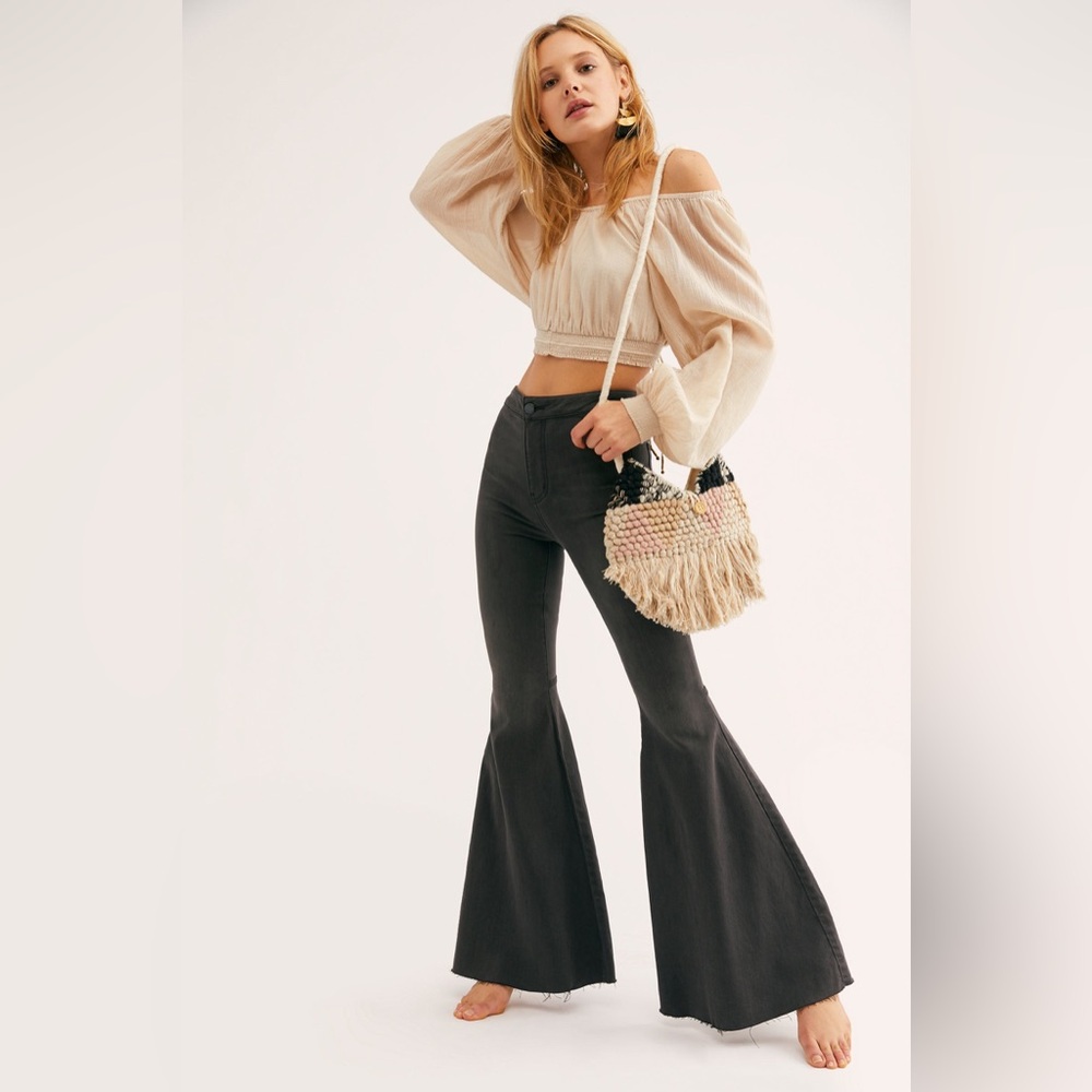 Free People Black High-Waist Wide Leg Flare Jeans